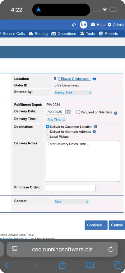 Entering Orders on Mobile Web Version Screen