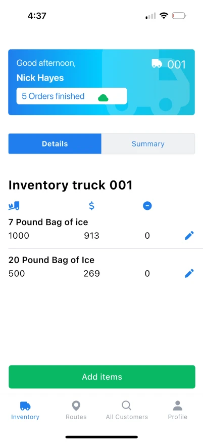 Showing Truck Inventory on CR Driver App